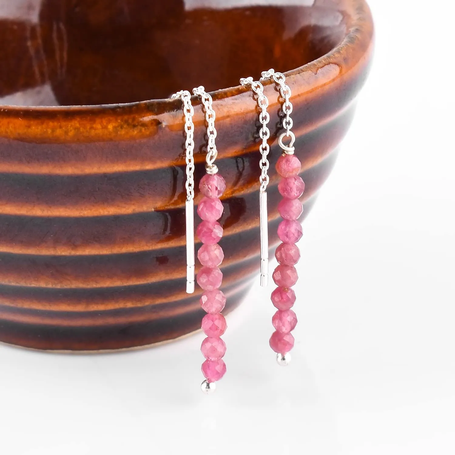 Natural Pink Tourmailne Stone Dainty Threader Earrings, Tourmaline Gemstones, Minimalist Jewelry, Dangling Earrings, Silver Plated, October Birthstones, Earrings for Women & Girls