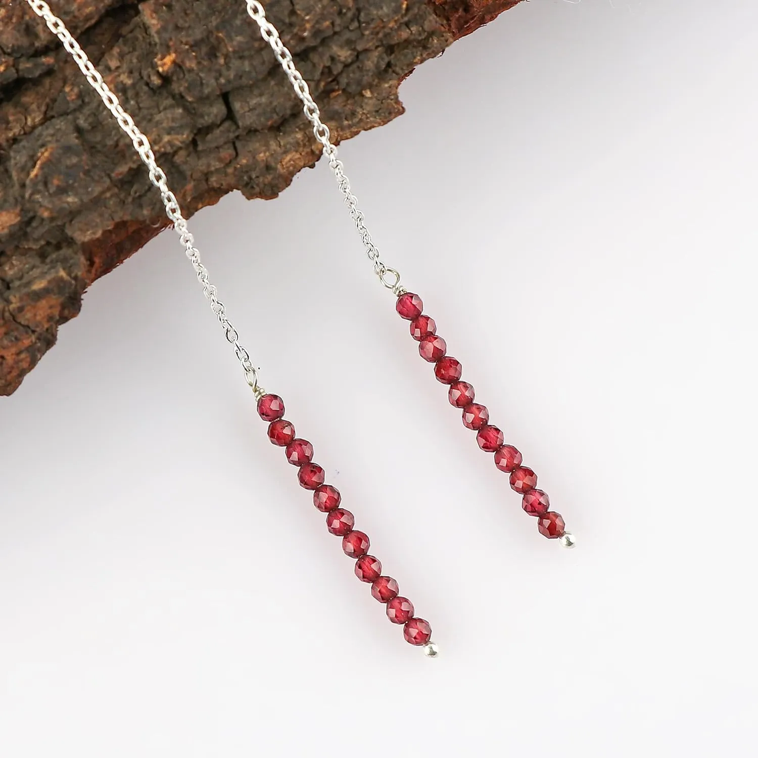 Natural Red Garnet Earrings, Dainty Threader Pair, Gemstone Beads, Birthstone Crystal, Gift for Women, Chakra Energy Healing Jewelry in Silver Plated, Valentine Day Gift (Red Garnet)