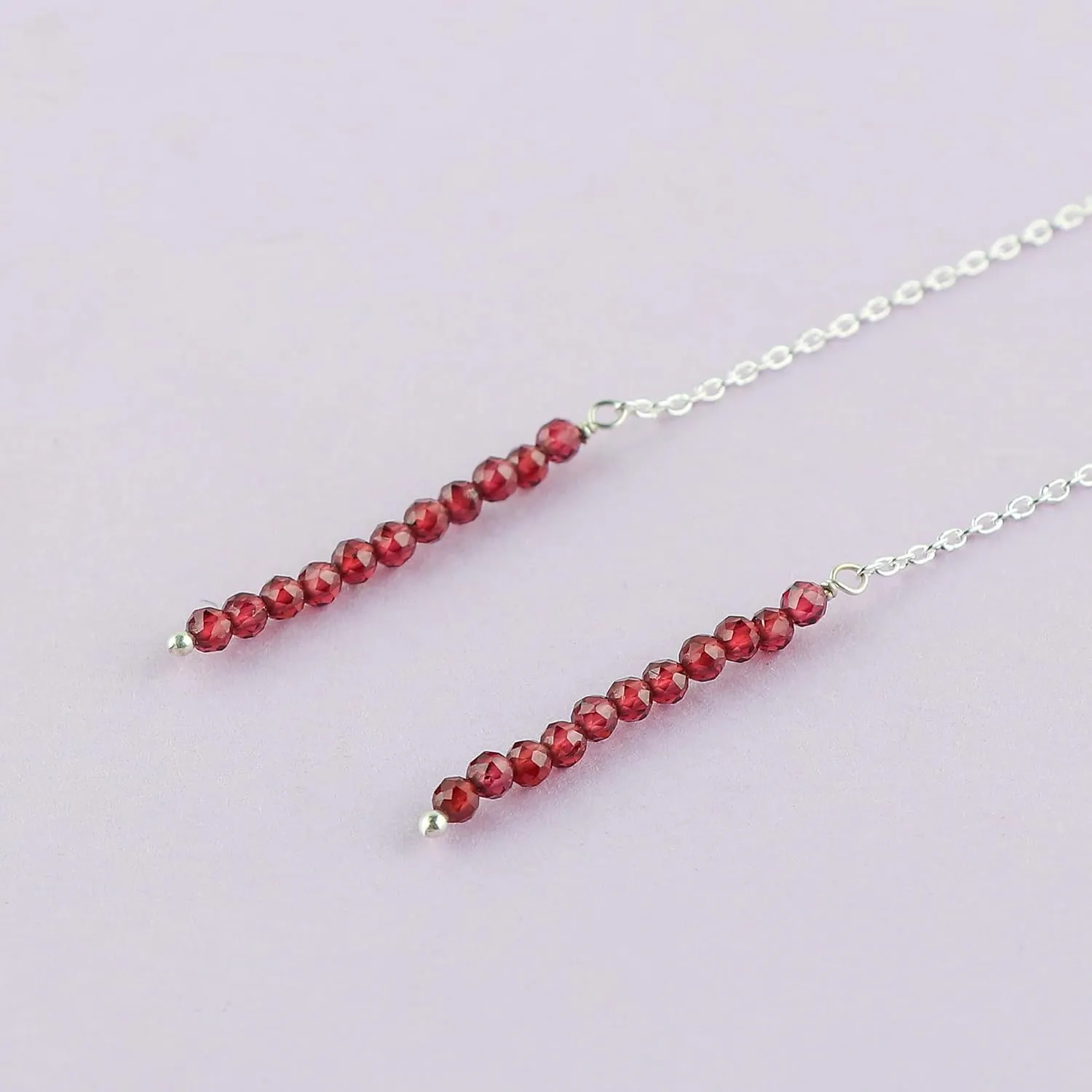 Natural Red Garnet Earrings, Dainty Threader Pair, Gemstone Beads, Birthstone Crystal, Gift for Women, Chakra Energy Healing Jewelry in Silver Plated, Valentine Day Gift (Red Garnet)