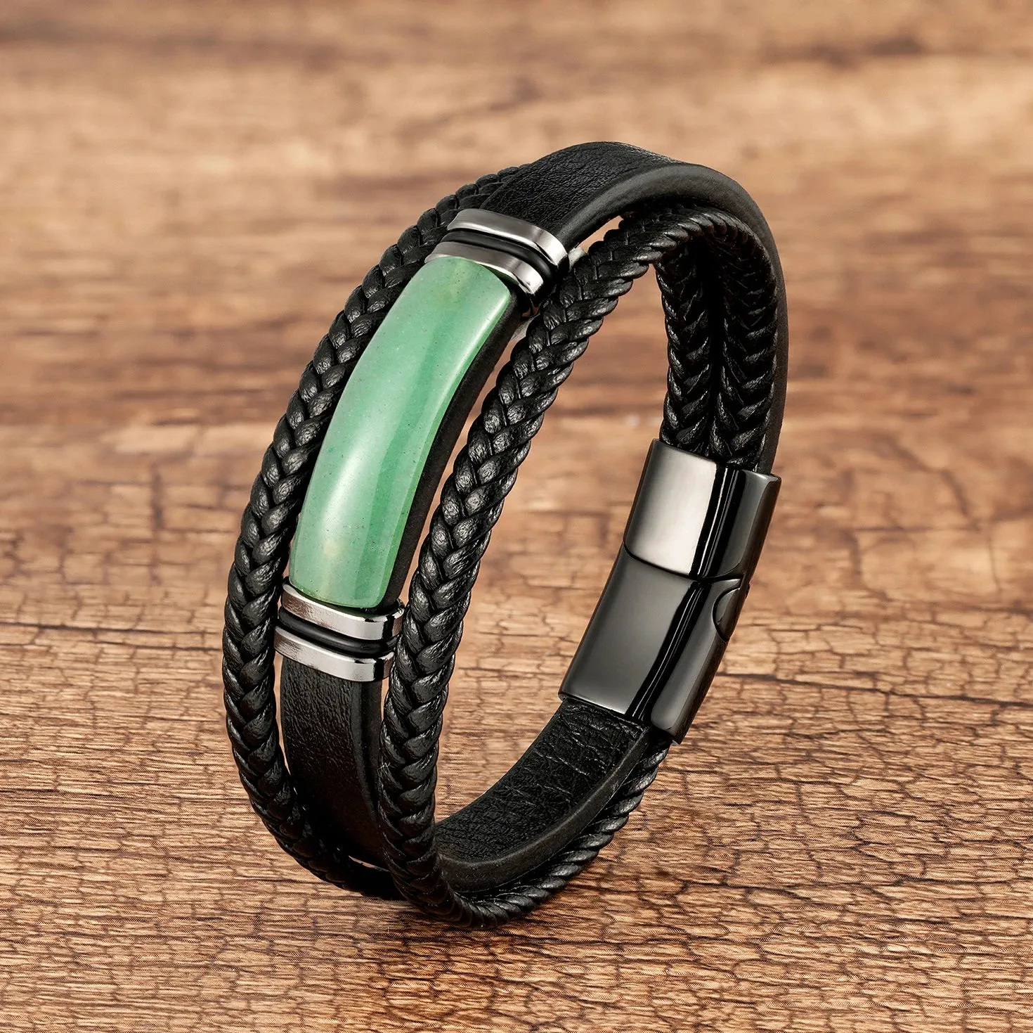 Natural Tiger Eye Stone Charm Bracelet Multilayer Braided Leather Rope Men's Bracelet Bangles Stainless Steel Jewelry Accessory