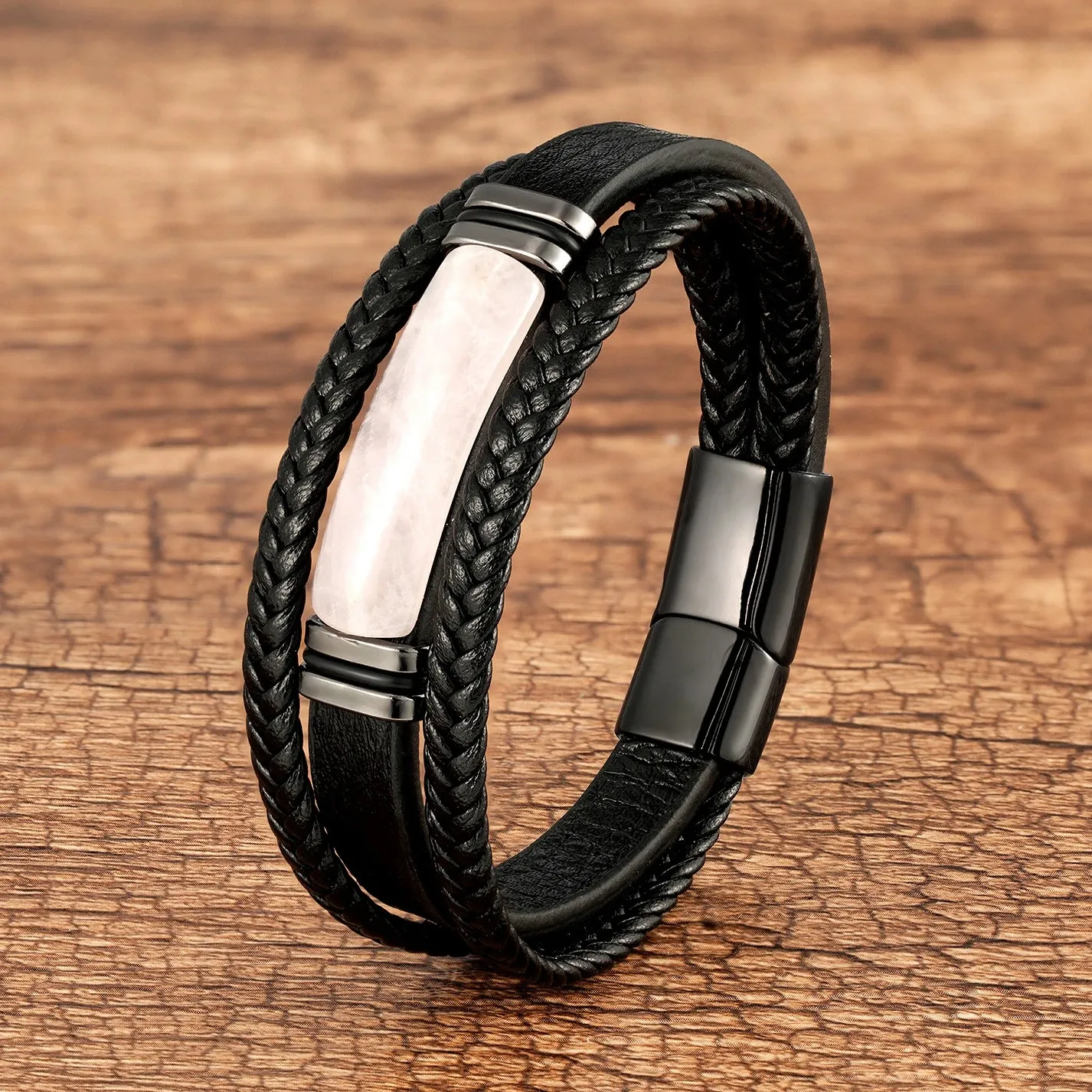 Natural Tiger Eye Stone Charm Bracelet Multilayer Braided Leather Rope Men's Bracelet Bangles Stainless Steel Jewelry Accessory