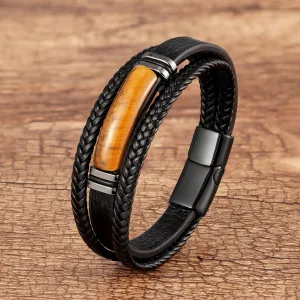 Natural Tiger Eye Stone Charm Bracelet Multilayer Braided Leather Rope Men's Bracelet Bangles Stainless Steel Jewelry Accessory