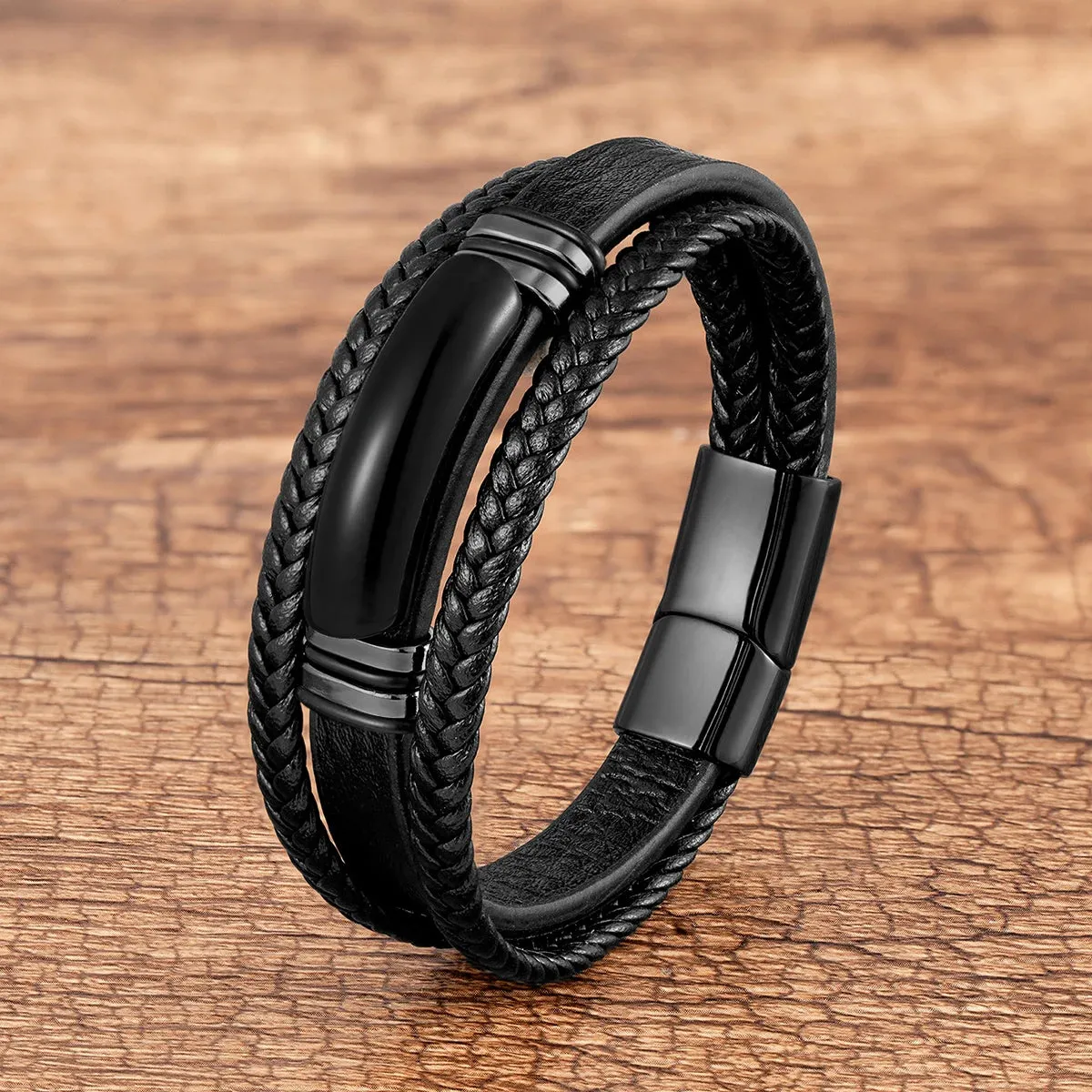 Natural Tiger Eye Stone Charm Bracelet Multilayer Braided Leather Rope Men's Bracelet Bangles Stainless Steel Jewelry Accessory