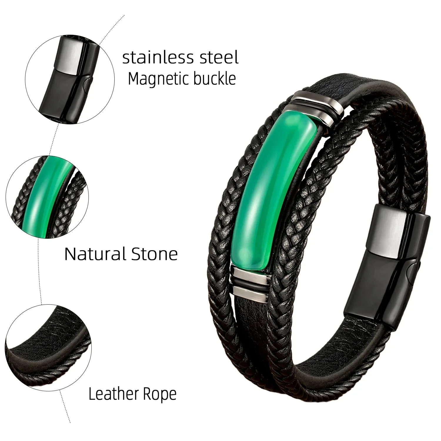 Natural Tiger Eye Stone Charm Bracelet Multilayer Braided Leather Rope Men's Bracelet Bangles Stainless Steel Jewelry Accessory