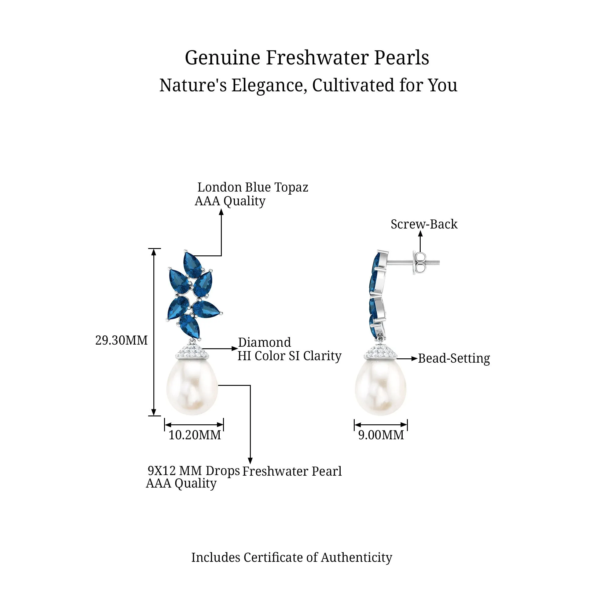 Nature Inspired Freshwater Pearl Drop Earrings with London Blue Topaz
