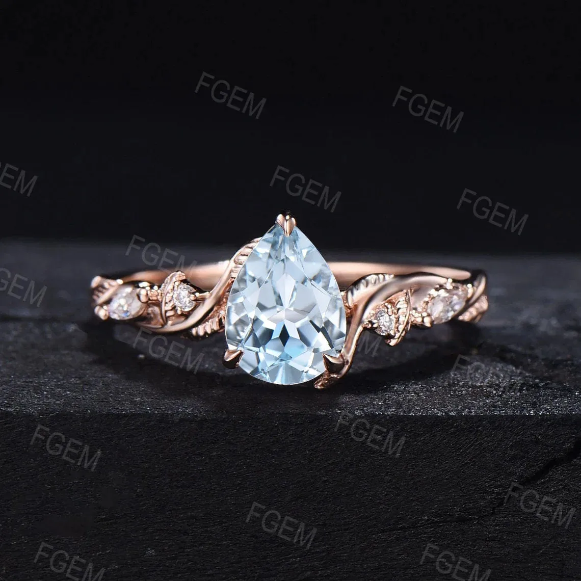 Nature Inspired Natural Aquamarine Moissanite Bridal Set 14K Rose Gold Pear Shaped Blue Aquamarine Branch Wedding Ring March Birthstone Gift