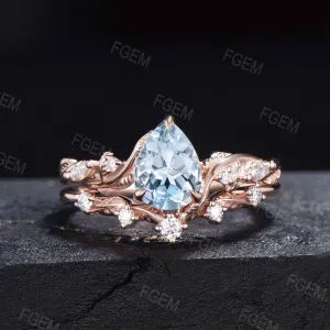Nature Inspired Natural Aquamarine Moissanite Bridal Set 14K Rose Gold Pear Shaped Blue Aquamarine Branch Wedding Ring March Birthstone Gift