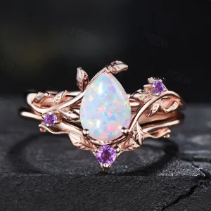 Nature Inspired White Opal Engagement Ring Set Vintage 1.25ct Pear Shaped Unique Branch Design Lab Opal Ring Leaf Amethyst Wedding Ring Set