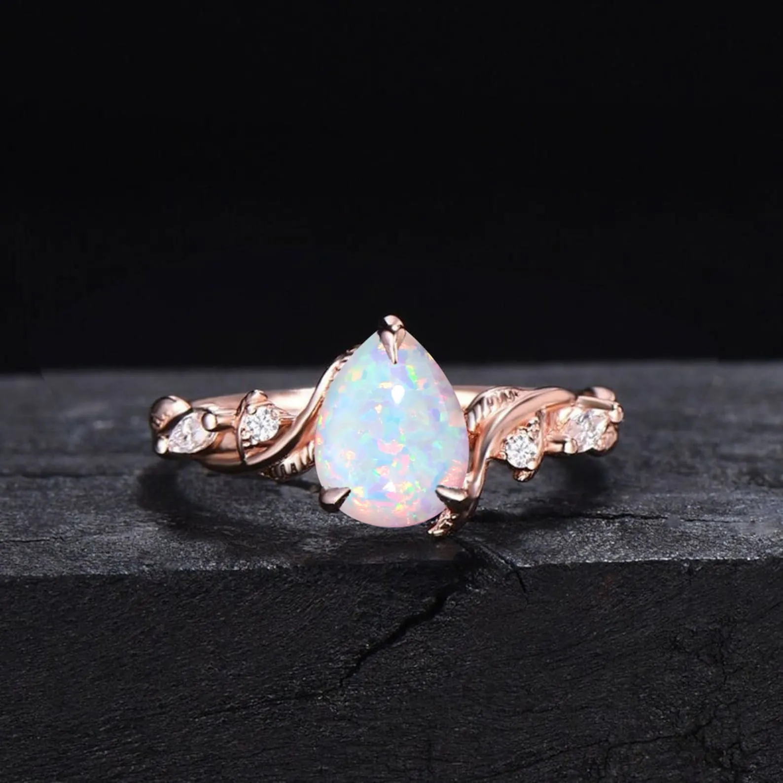 Nature Inspired White Opal Ring Set Vintage 1.25ct Pear Shaped Branch Twig Moonstone Opal Engagement Ring Twist Leaf Fire Opal Wedding Ring
