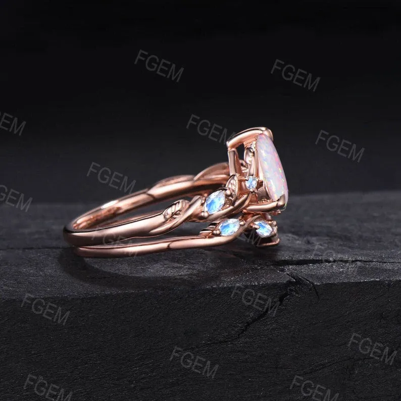 Nature Inspired White Opal Ring Set Vintage 1.25ct Pear Shaped Branch Twig Moonstone Opal Engagement Ring Twist Leaf Fire Opal Wedding Ring