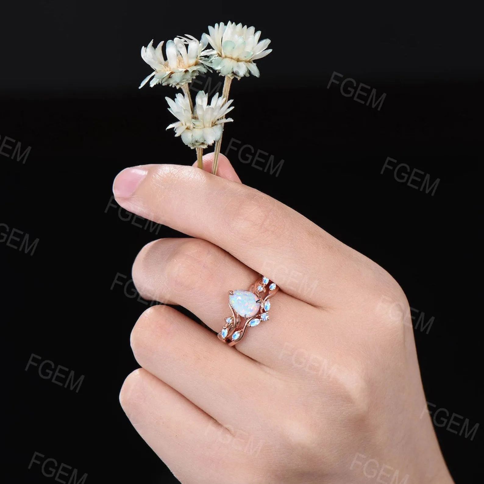 Nature Inspired White Opal Ring Set Vintage 1.25ct Pear Shaped Branch Twig Moonstone Opal Engagement Ring Twist Leaf Fire Opal Wedding Ring