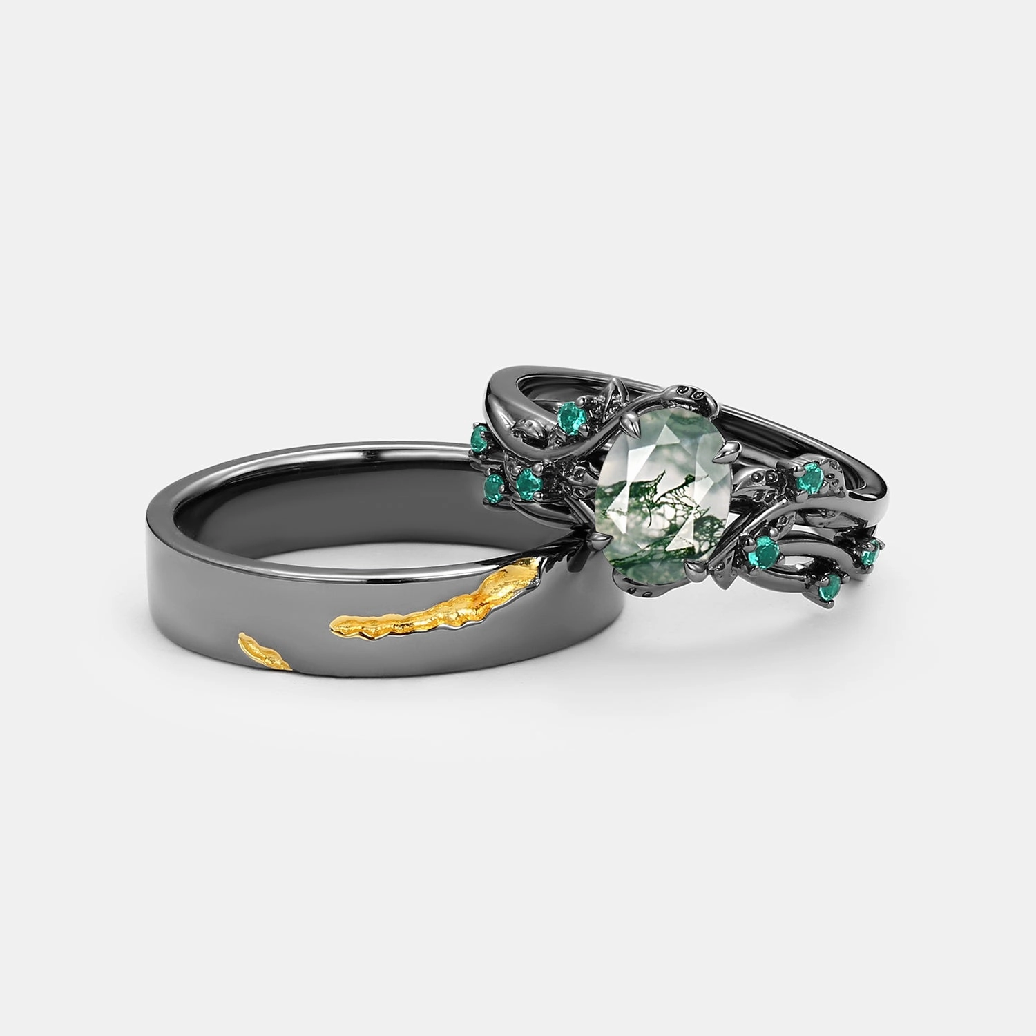 Nature Inspired - Black Gold Moss Agate Leafy Couple Ring Set 3pcs - Mossy Effortless Glam