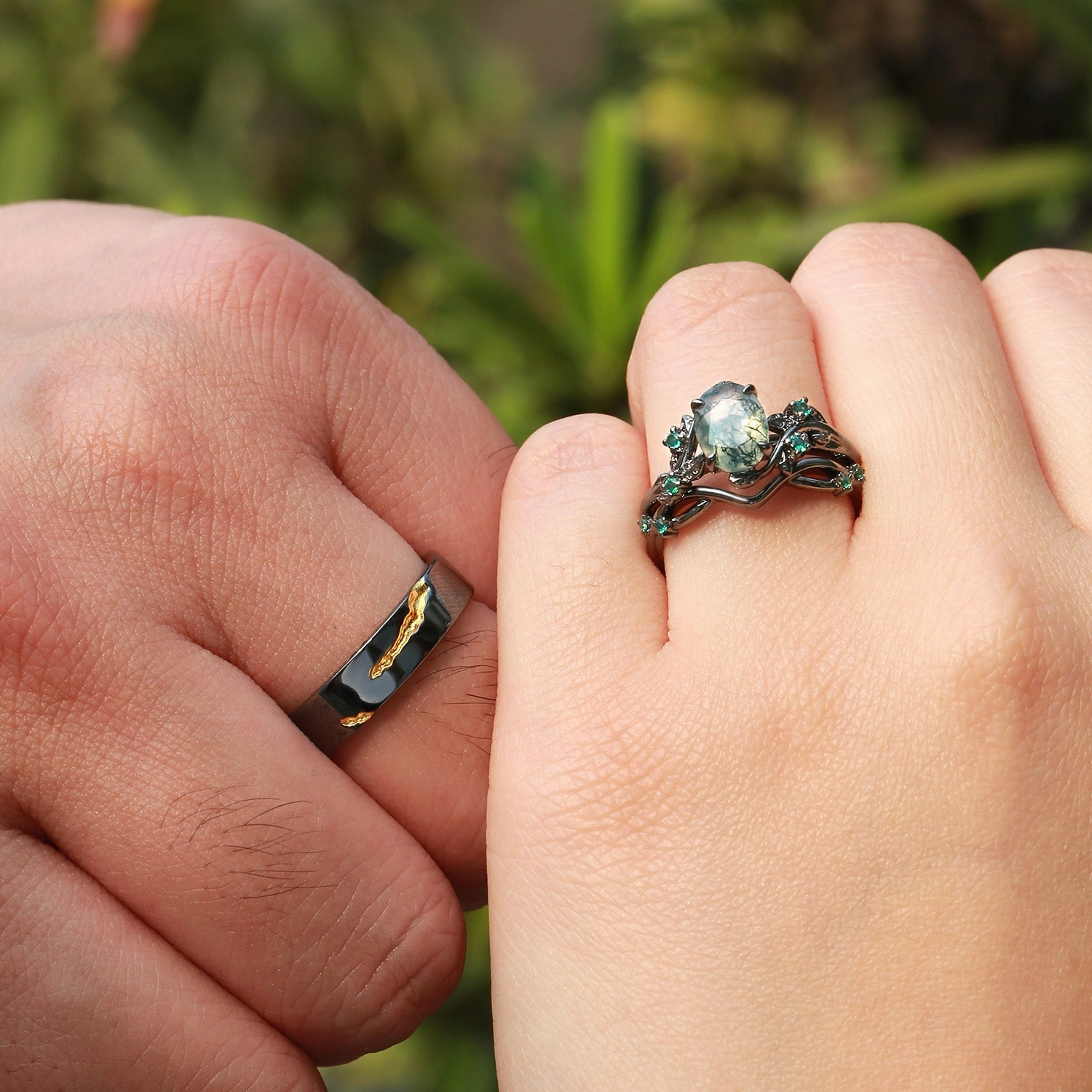 Playful Spark Nature Inspired - Black Gold Moss Agate Leafy Couple Ring Set 3pcs - Mossy