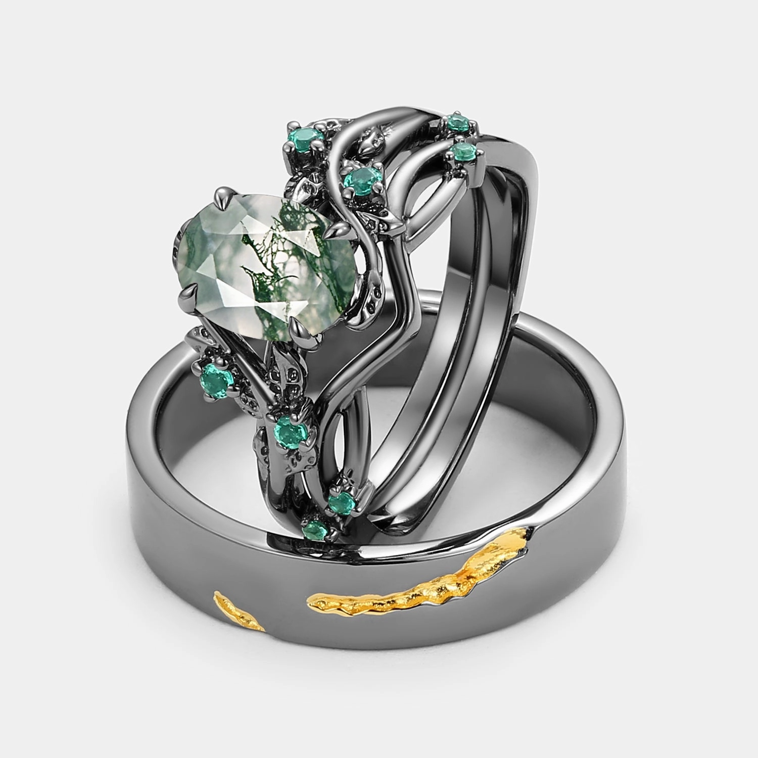 Vibrant Shine Pieces Nature Inspired - Black Gold Moss Agate Leafy Couple Ring Set 3pcs - Mossy