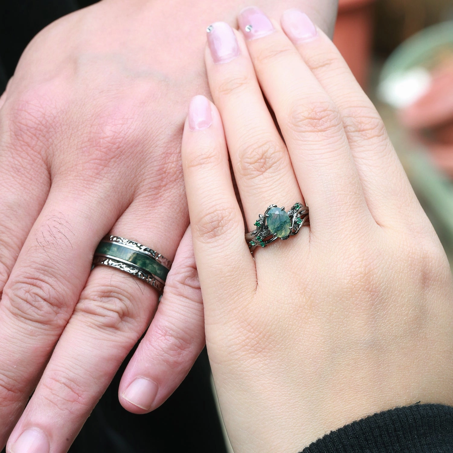 Sparkling Piece Nature Inspired - Black Gold Oval Moss Agate Leafy Couple Ring Set 3pcs - Mossy