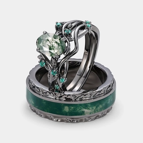 Outdoor Set Distinctive Accent Nature Inspired - Black Gold Oval Moss Agate Leafy Couple Ring Set 3pcs - Mossy