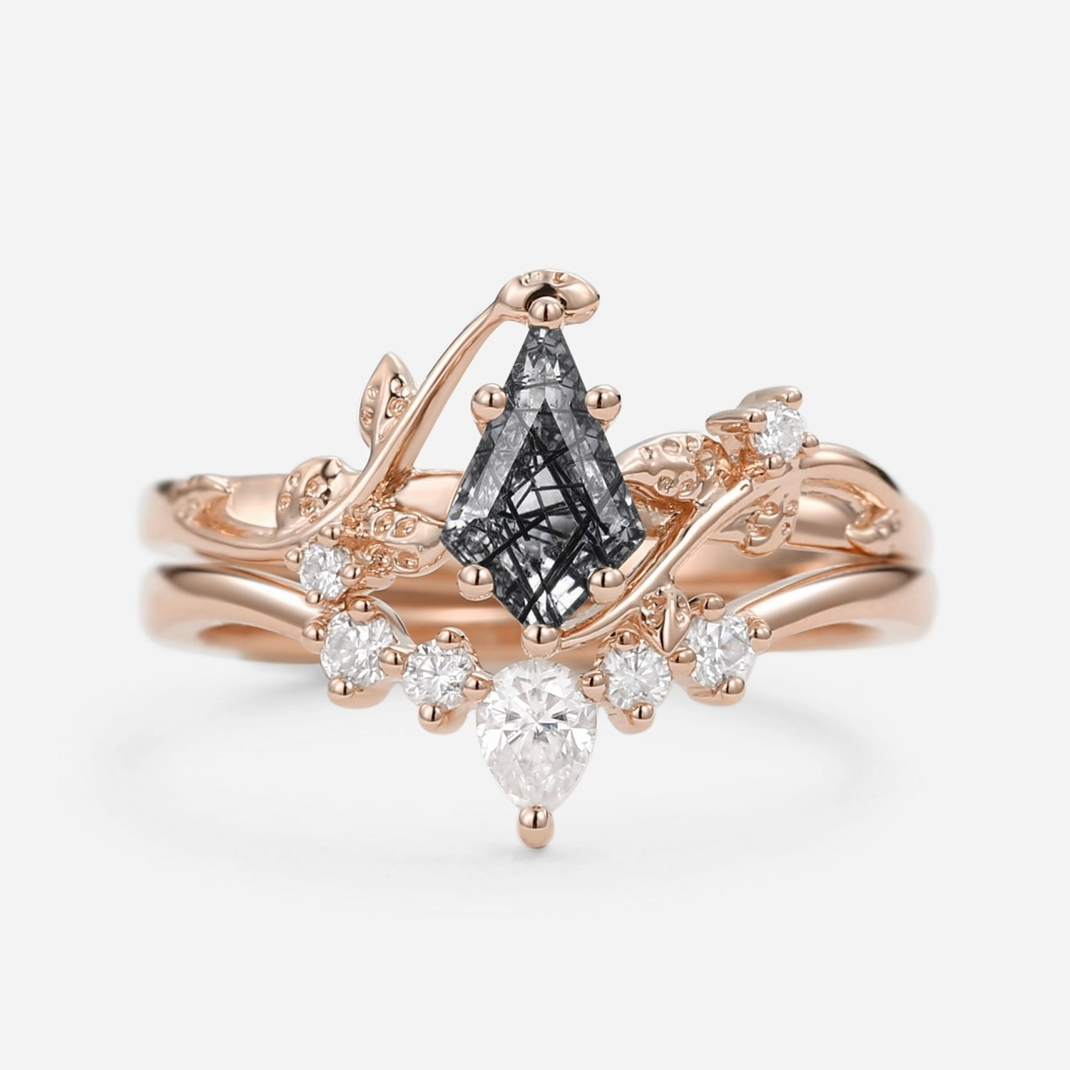 Nature Inspired - Kite Cut Black Rutilated Quartz Bridal Ring Set 2pcs - Willow Classic Look Opulent Design