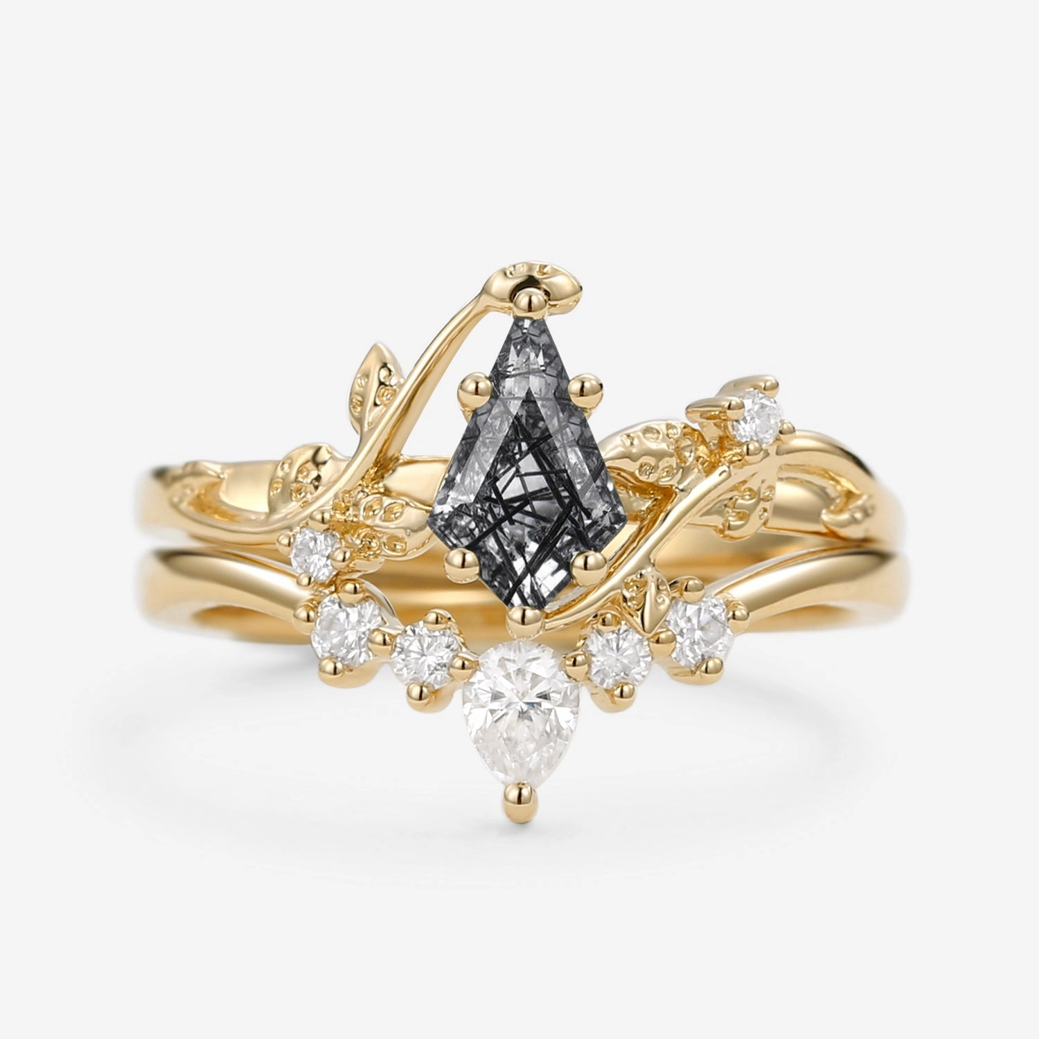 Nature Inspired - Kite Cut Black Rutilated Quartz Bridal Ring Set 2pcs - Willow youth appeal