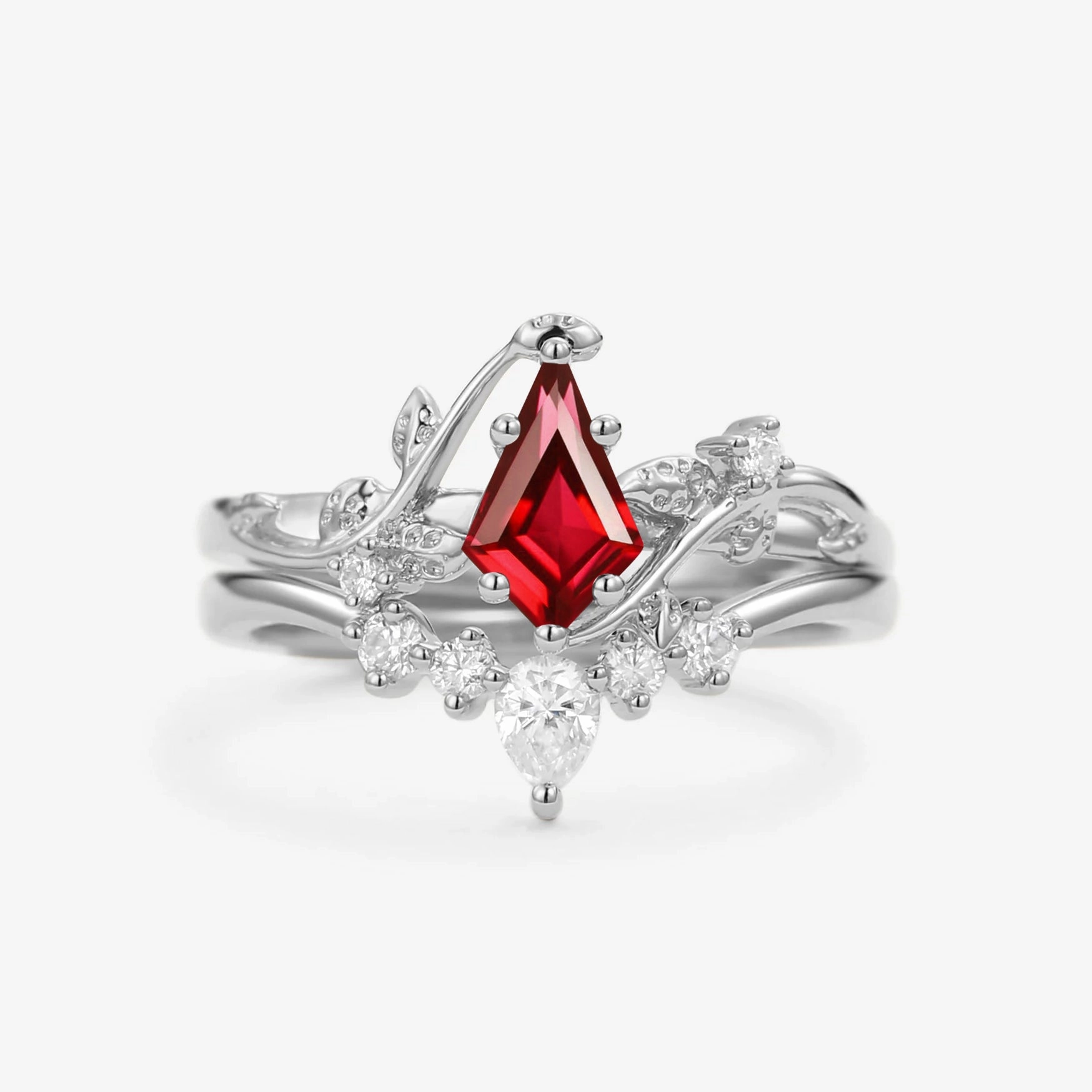 Soft Glow Nature Inspired - Kite Cut Lab Ruby Bridal Ring Set 2pcs Willow