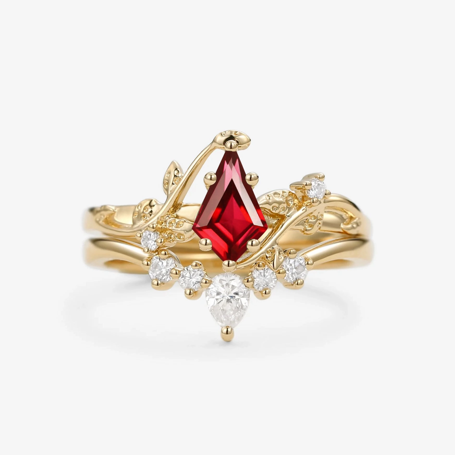 Nature Inspired - Kite Cut Lab Ruby Bridal Ring Set 2pcs Willow Breezy Look