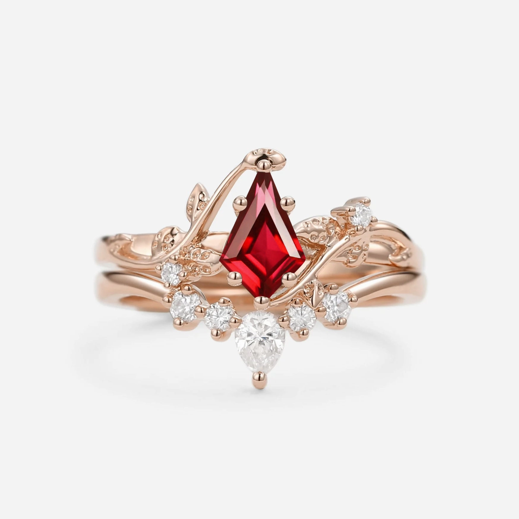 Fashion Forward Graceful Twist Nature Inspired - Kite Cut Lab Ruby Bridal Ring Set 2pcs Willow