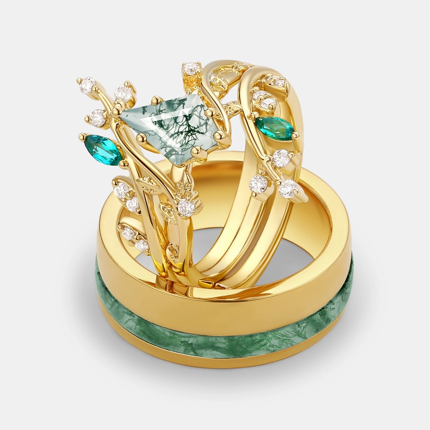 Petite Edge Occasion Look Nature Inspired - Kite Cut Moss Agate Cage Leafy Couple Ring Set 3pcs - Knight