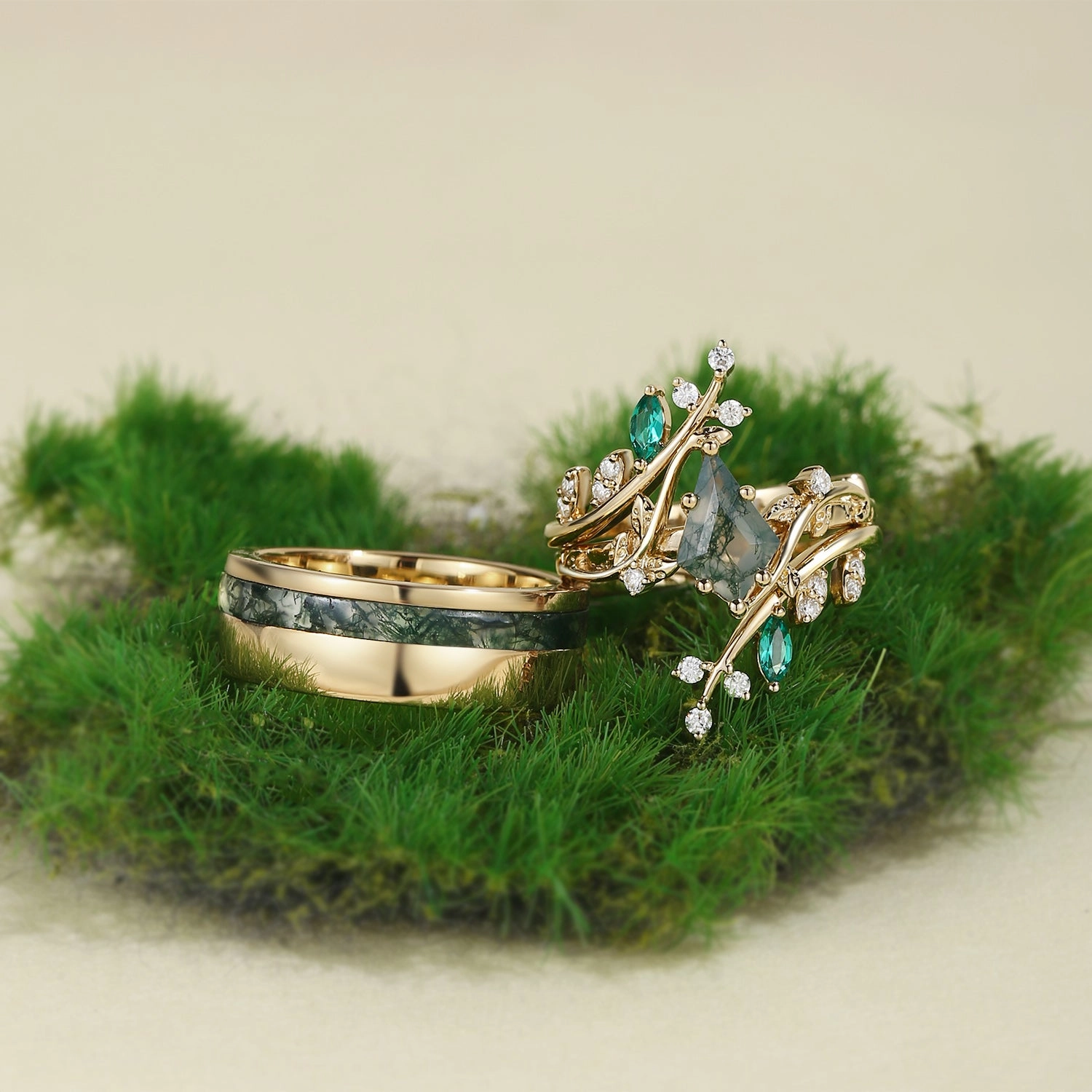Brunch Date Distinctive Shine Nature Inspired - Kite Cut Moss Agate Cage Leafy Couple Ring Set 3pcs - Knight