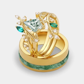 Petite Edge Occasion Look Nature Inspired - Kite Cut Moss Agate Cage Leafy Couple Ring Set 3pcs - Knight