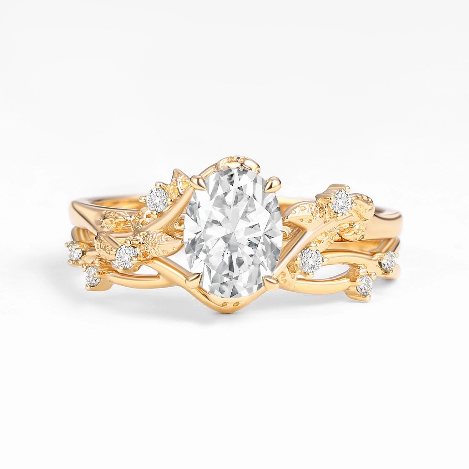 Glam fit Nature Inspired - Oval Cut Moissanite Leafy Gold Ring Set 2pcs - Mossy