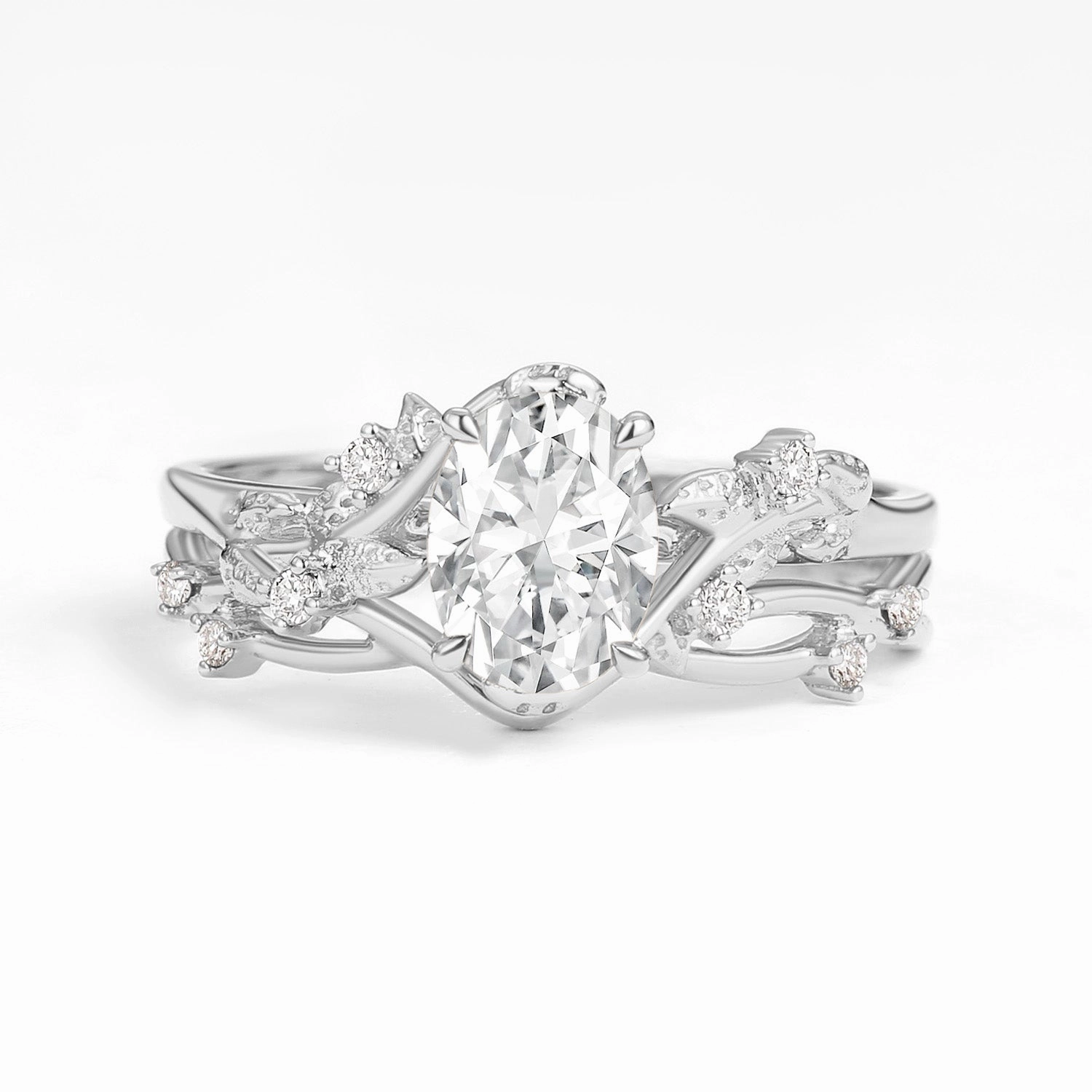 Neat Detail Delicate Beauty Nature Inspired - Oval Cut Moissanite Leafy Gold Ring Set 2pcs - Mossy