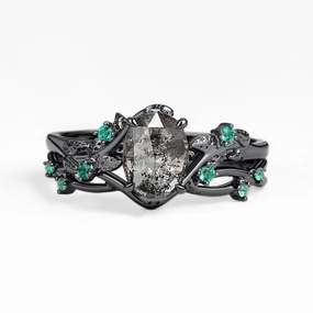 Nature Inspired - Oval Cut Salt and Pepper Diamonds Gold Ring Set 2pcs - Mossy Expressive Accent