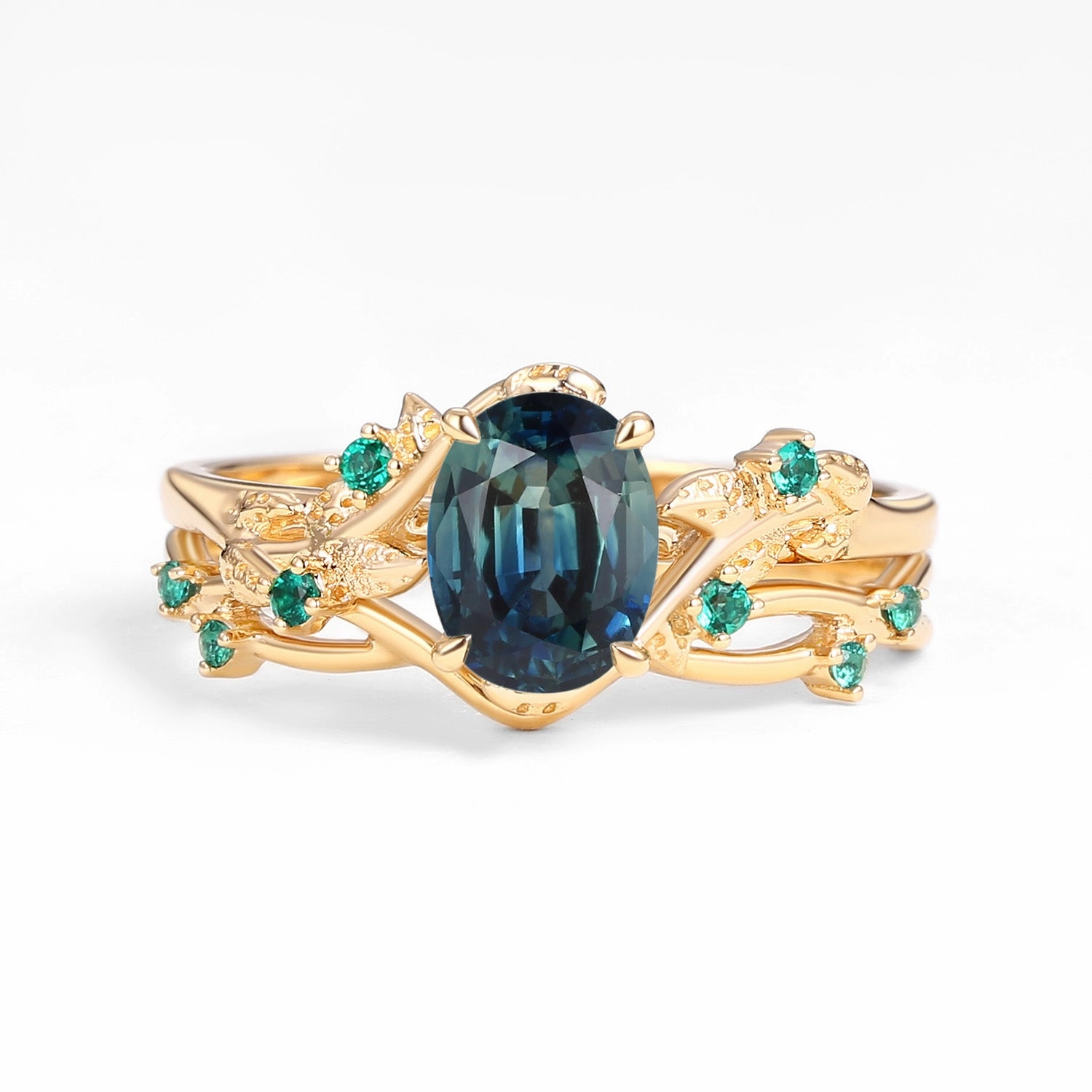 Dazzling Shine Nature Inspired - Oval Cut Teal Sapphire Leafy Black Gold Ring Set 2pcs - Mossy