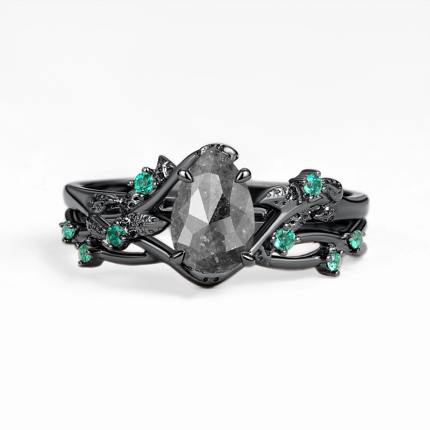 Nature Inspired - Pear Shaped Moss Agate Leafy Ring Set 2pcs - Mossy Understated Spark