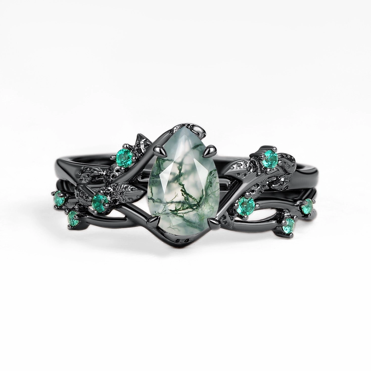 Nature Inspired - Pear Shaped Moss Agate Leafy Ring Set 2pcs - Mossy Sleek Glow