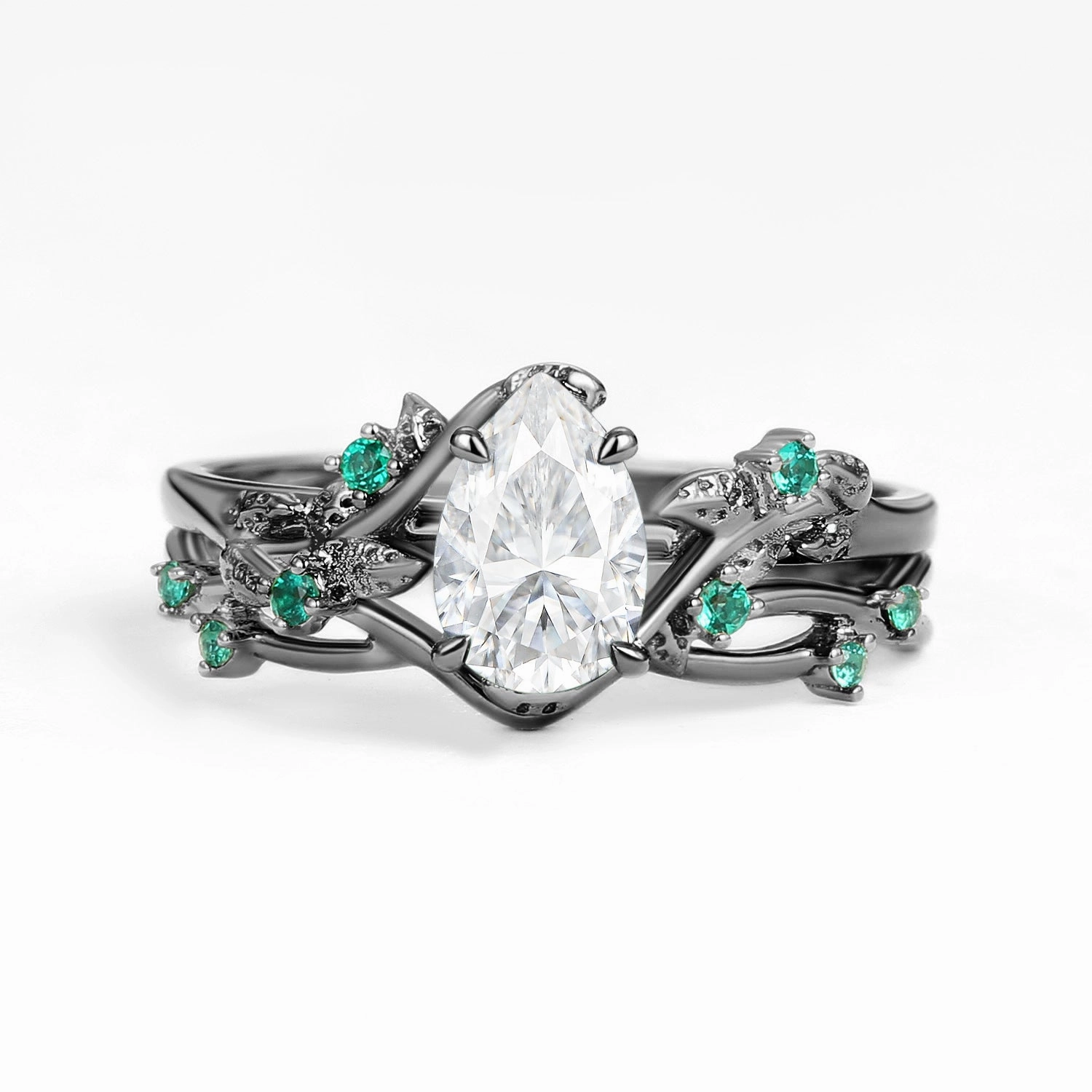 Bold Designs Nature Inspired - Pear Shaped Moss Agate Leafy Ring Set 2pcs - Mossy