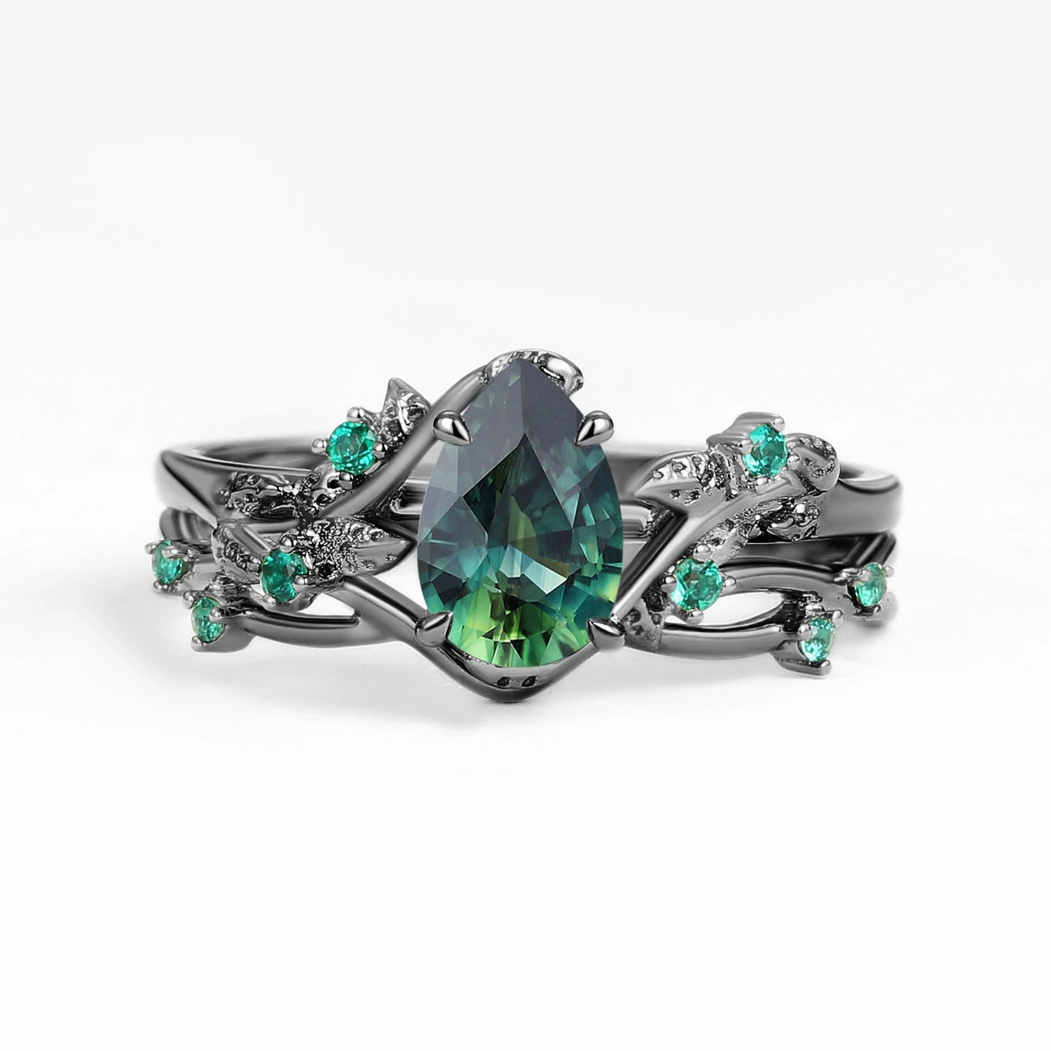 Nature Inspired - Pear Shaped Moss Agate Leafy Ring Set 2pcs - Mossy Street Ready