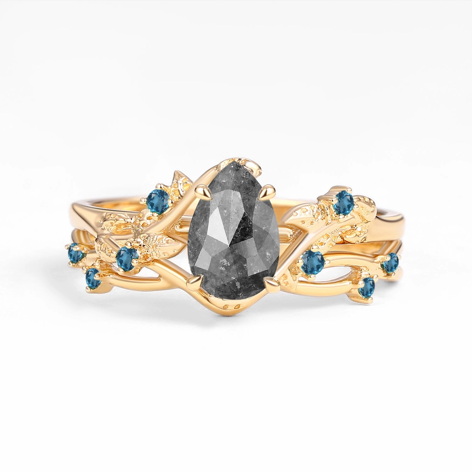 Artistic Accent Layer Look Nature Inspired - Pear Shaped Salt and Pepper Diamond Leafy Ring Set 2pcs - Mossy