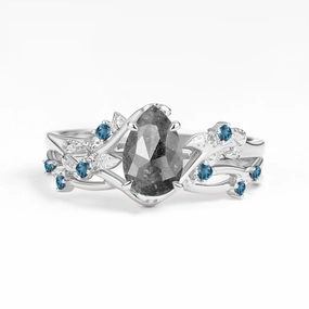 Structured Shape Cool Detail Nature Inspired - Pear Shaped Salt and Pepper Diamond Leafy Ring Set 2pcs - Mossy