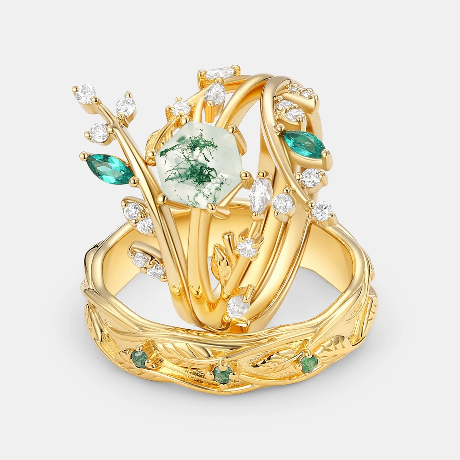 Bridesmaid Gift Gloss Mode Nature Inspired - Perfect Hexagon Cut Moss Agate Cage Leafy Couple Ring Set 3pcs