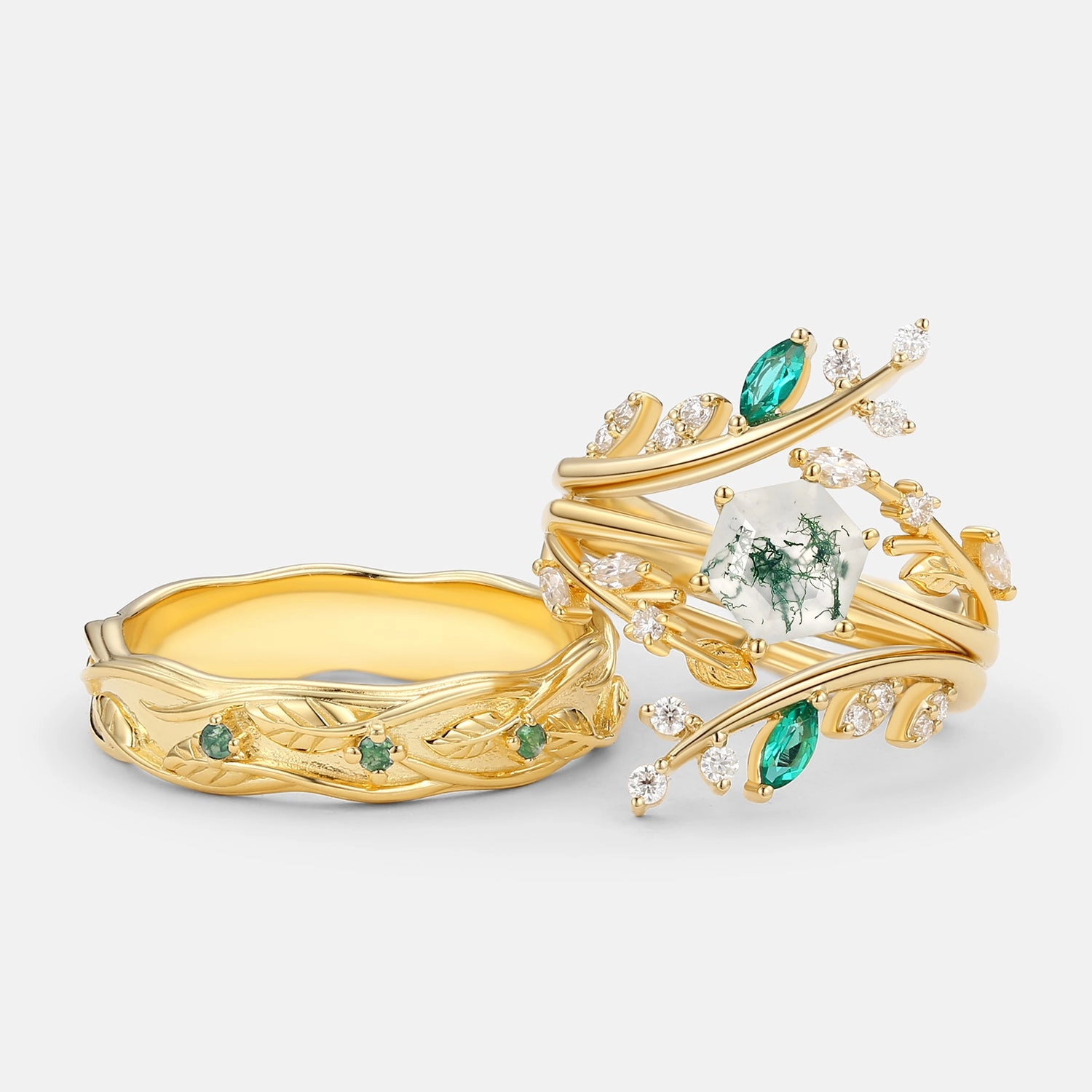 Party Finish Handmade Elegance Nature Inspired - Perfect Hexagon Cut Moss Agate Cage Leafy Couple Ring Set 3pcs