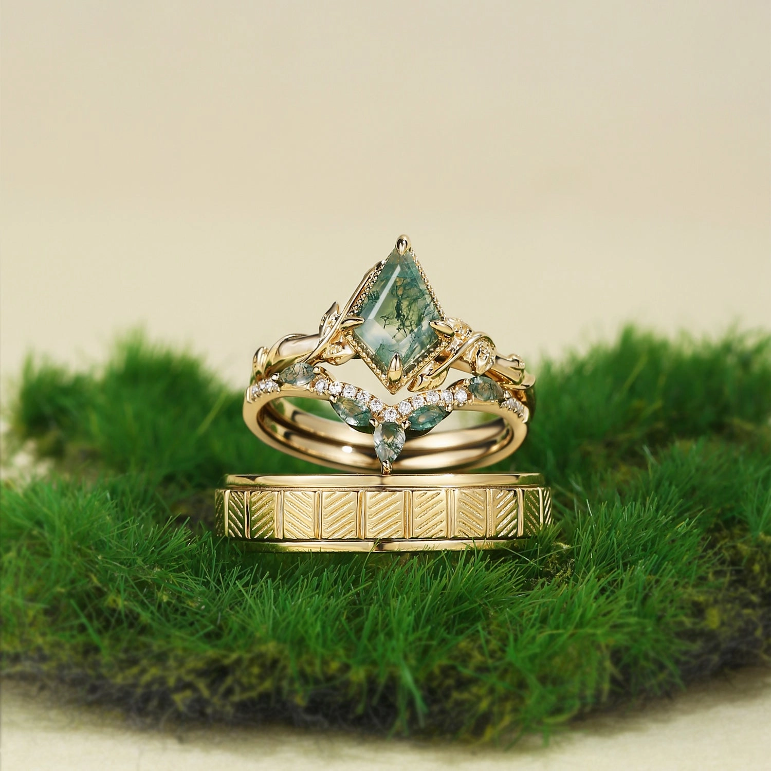 Nature Inspired - Unique Kite Cut Moss Agate Leafy Couple Ring Set 3pcs Lux Appeal