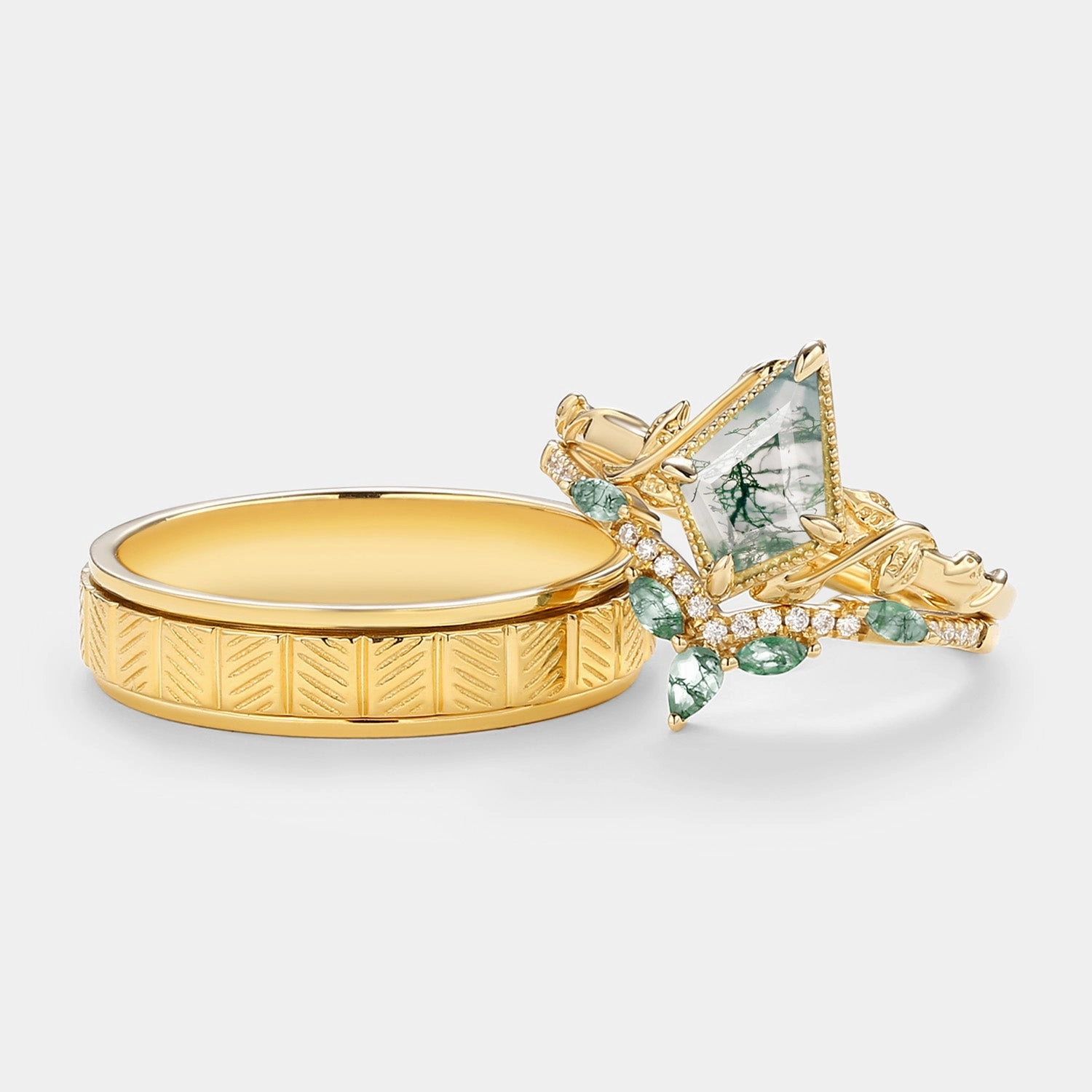 Nature Inspired - Unique Kite Cut Moss Agate Leafy Couple Ring Set 3pcs Distinct Accent Radiant Jewelry