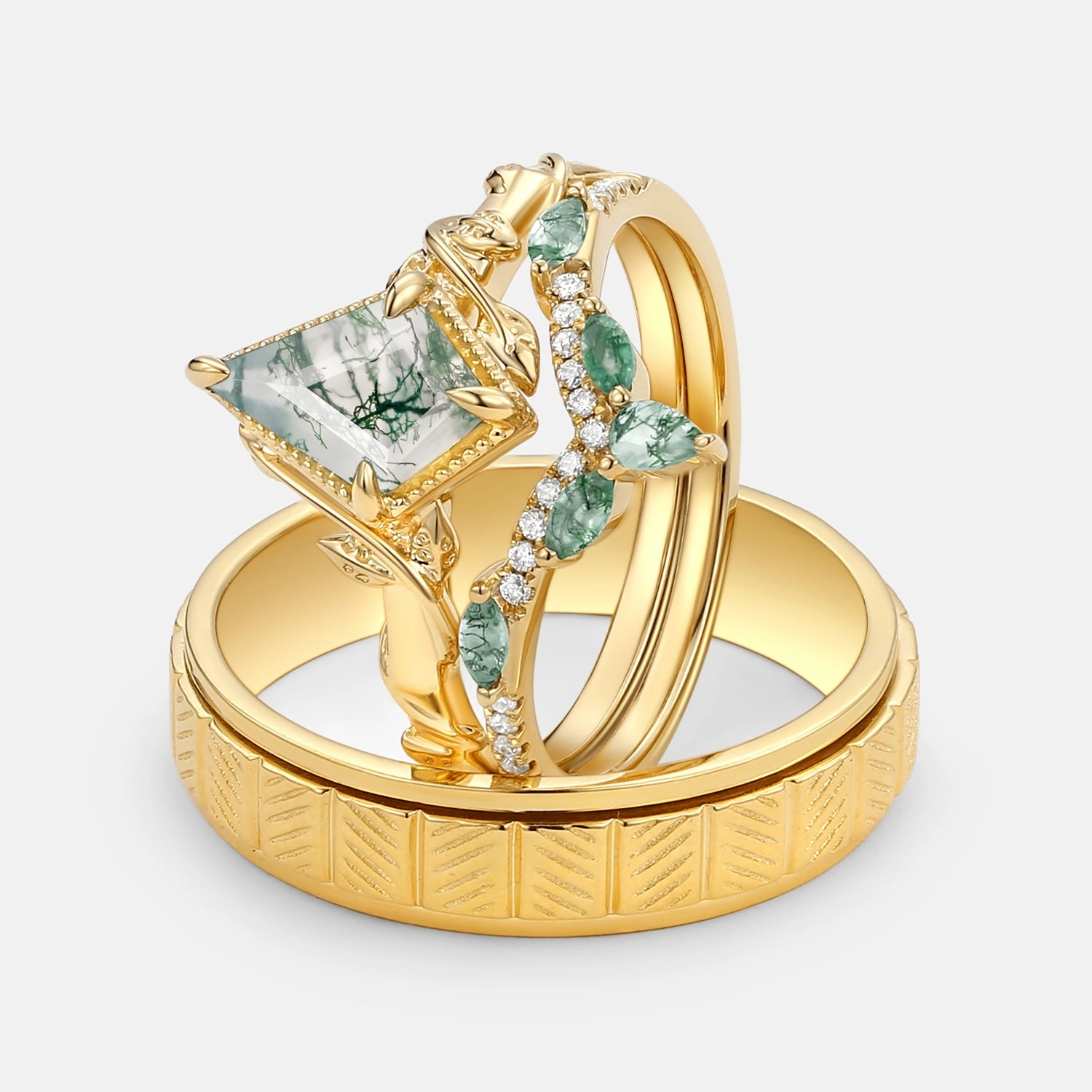 Allure Edge Nature Inspired - Unique Kite Cut Moss Agate Leafy Couple Ring Set 3pcs