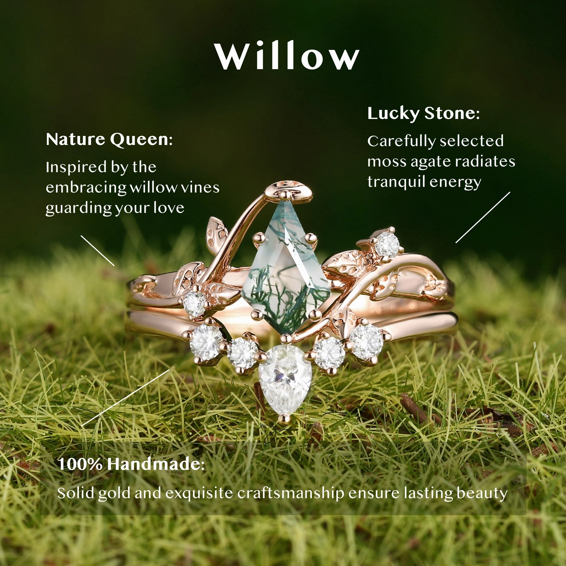 Understated Style Vibrant Jewelry Shine Finish Nature Inspired - Unique Kite Cut Moss Agate Leafy Ring & Necklace & Earrings Sets 5PCS - Willow Jewelry Sets