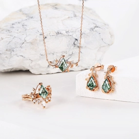 Nature Inspired - Unique Kite Cut Moss Agate Leafy Ring & Necklace & Earrings Sets 5PCS - Willow Jewelry Sets Opulent Design Chic pieces