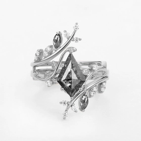 Chic Gifts Nature Inspired - Unique Kite Salt and Pepper Diamonds Cage Leafy Ring 2pcs - Knight