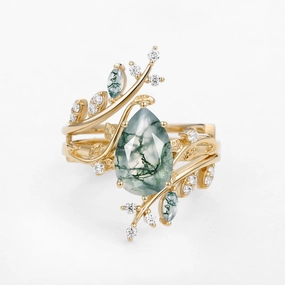 Nature Inspired - Unique Pear Cut Moss Agate Cage Leafy Ring 2pcs - Knight Finishing Feature Studio Shot
