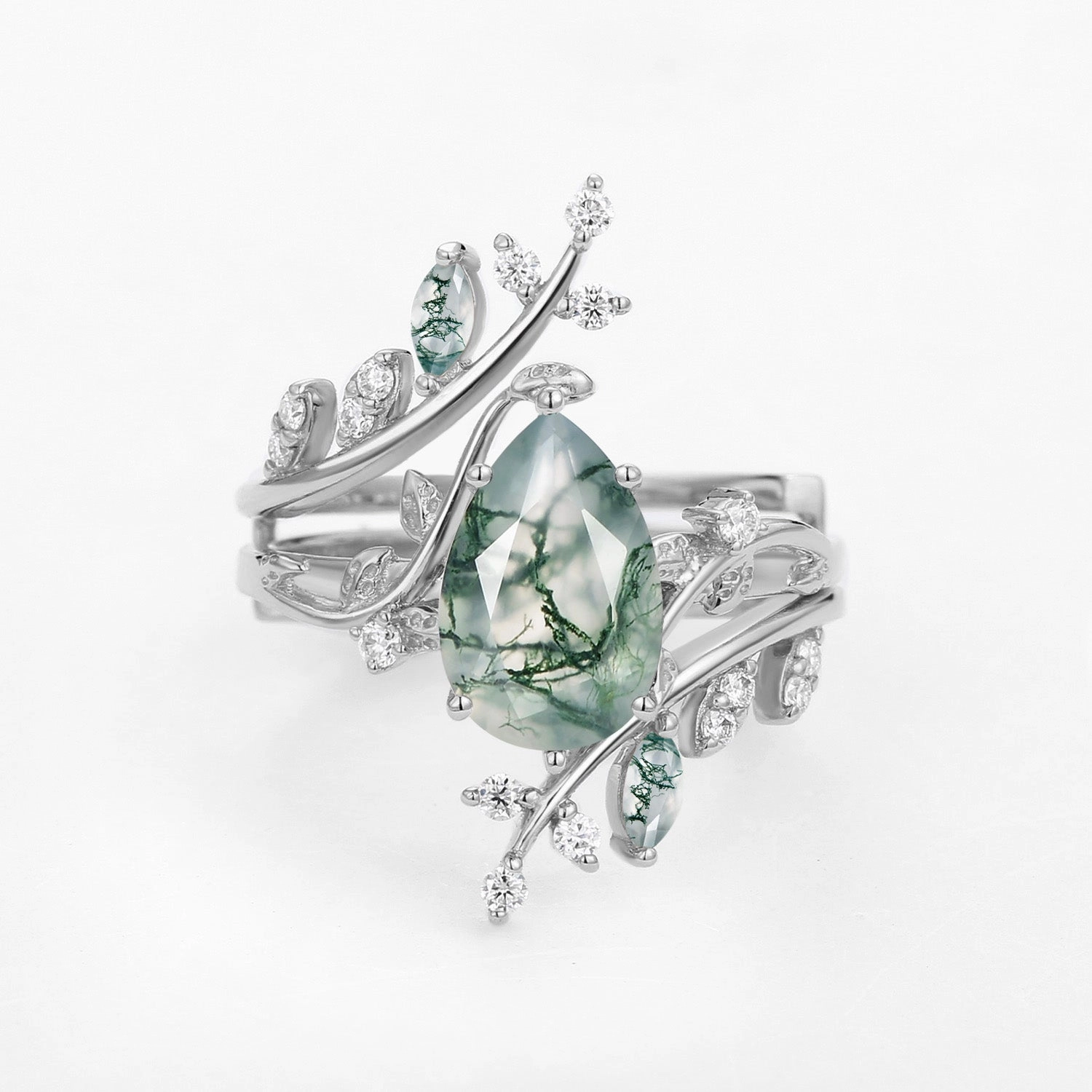 Nature Inspired - Unique Pear Cut Moss Agate Cage Leafy Ring 2pcs - Knight Delicate Beauty