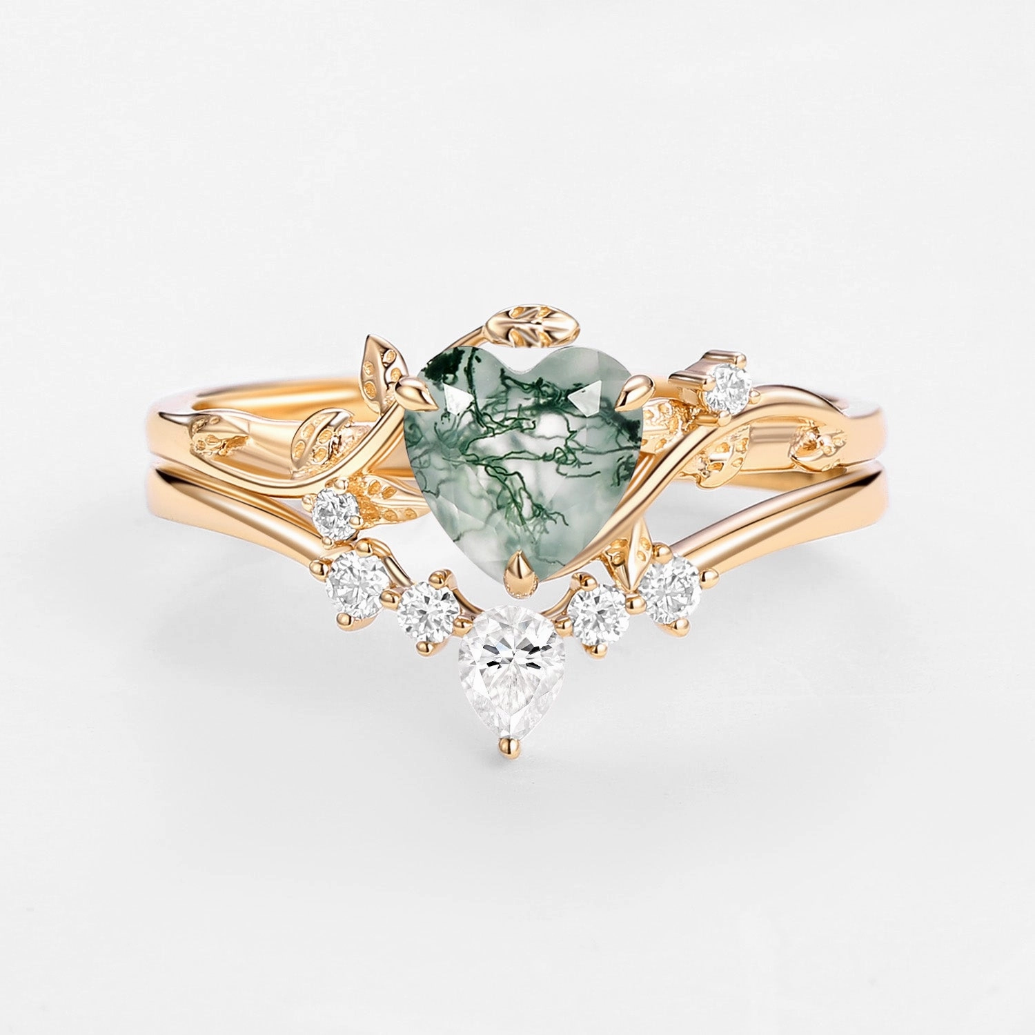 Nature Inspired Heart Shaped Moss Agate Leafy Ring Set 2pcs - Willow Glistening Gem Glamorous Finish