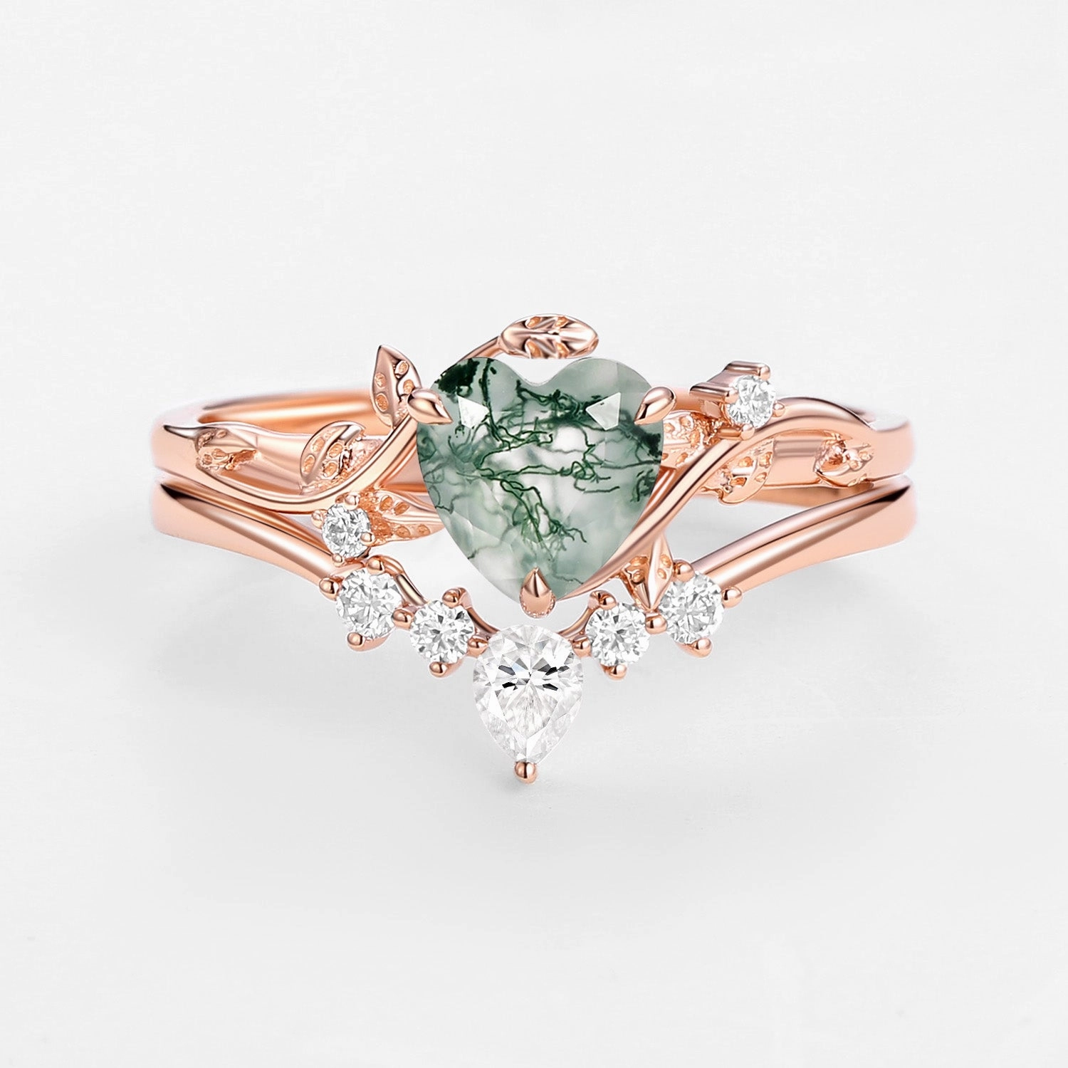 Nature Inspired Heart Shaped Moss Agate Leafy Ring Set 2pcs - Willow Playful Spark Vibrant Jewelry Shine